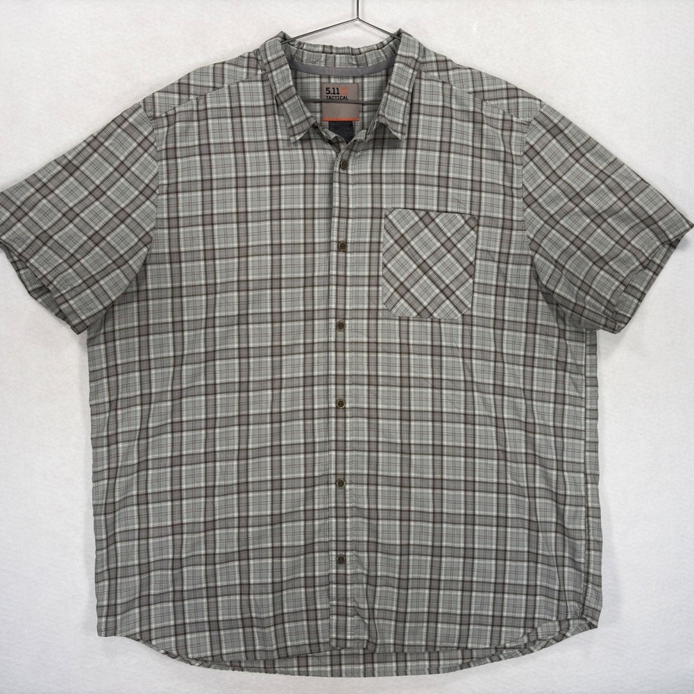 5.11 Tactical Mens 2XL Grey Plaid Short Sleeve Button Down Shirt Pocket
